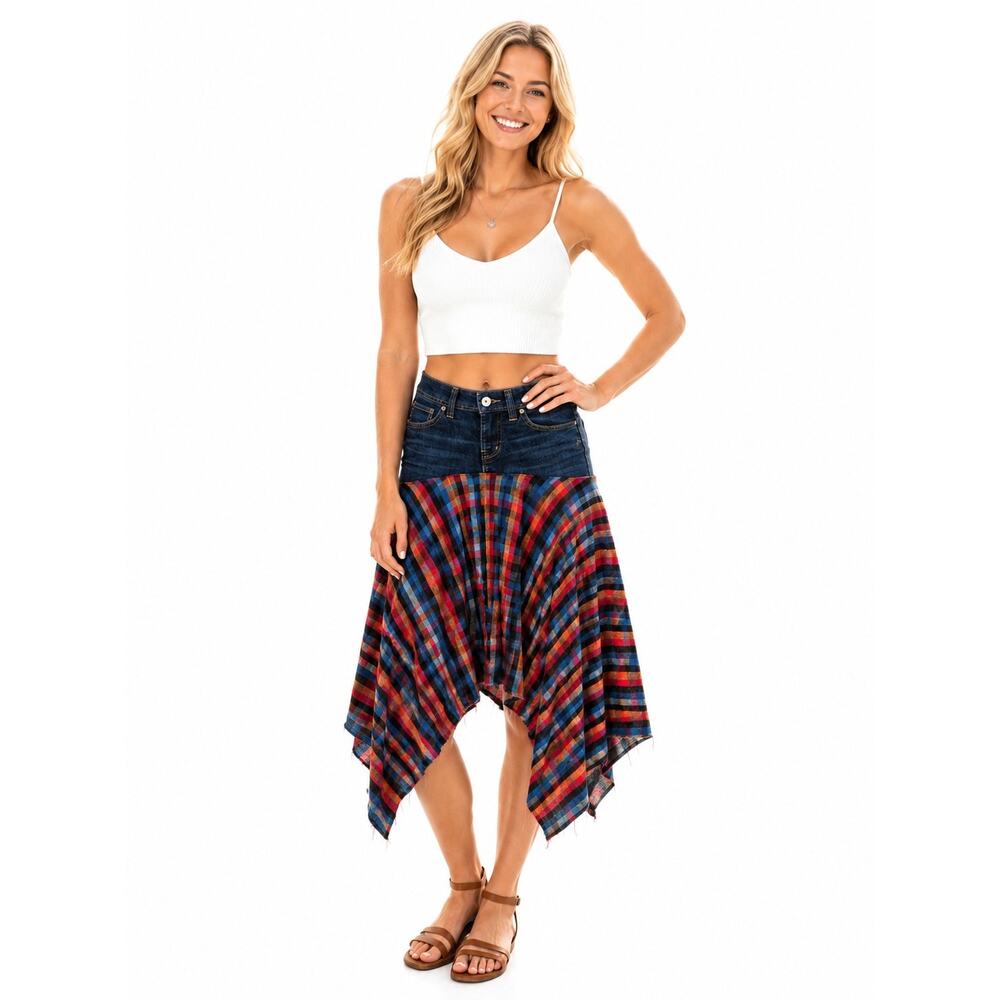 Upcycled Denim Flannel Skirt Handmade Asymmetrical MidiPlaid Handkerchief Fringe